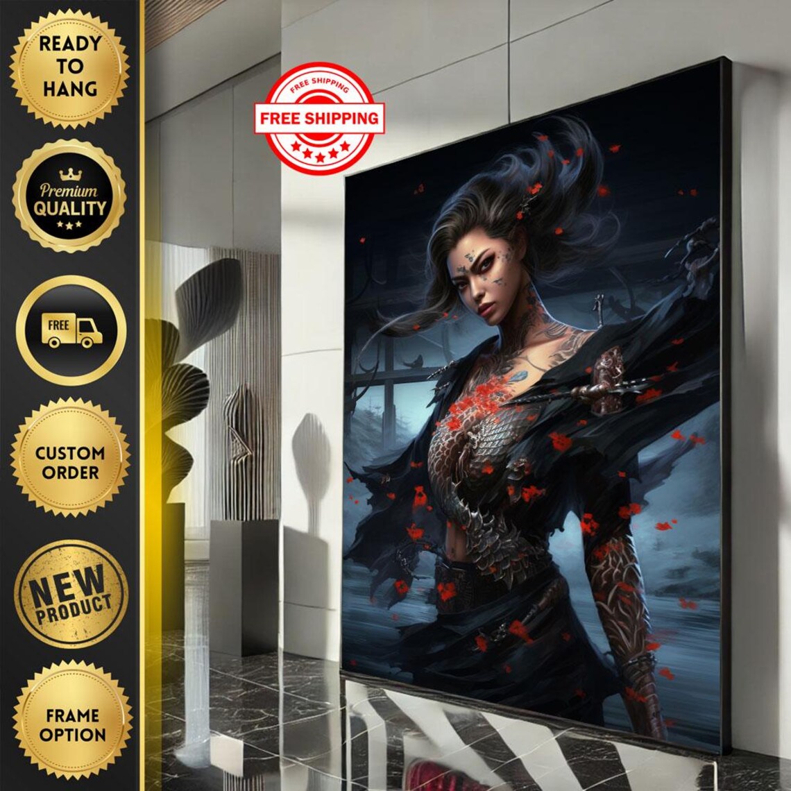 Dark Fantasy Tattooed Warrior Woman With Katana Night Art Poster