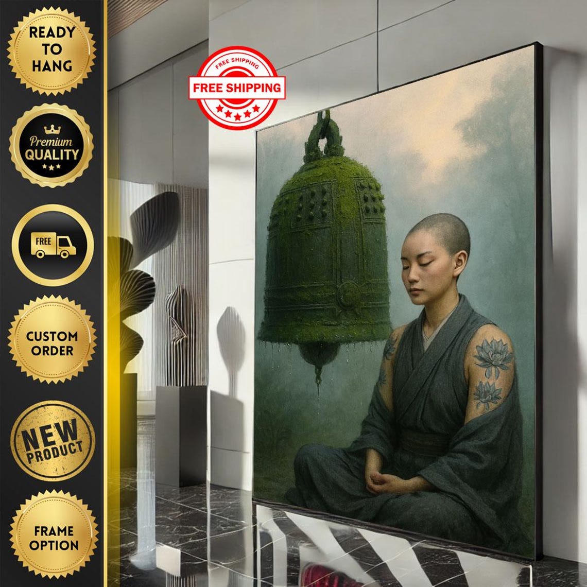 Tattooed Monk Meditating Beside Moss Covered Temple Bell Poster
