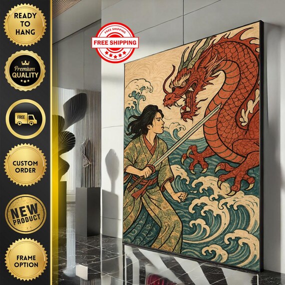 Mystical Japanese Samurai Woman Canvas Empowered With Dragon Tattoo Art For Living Room Statement Piece