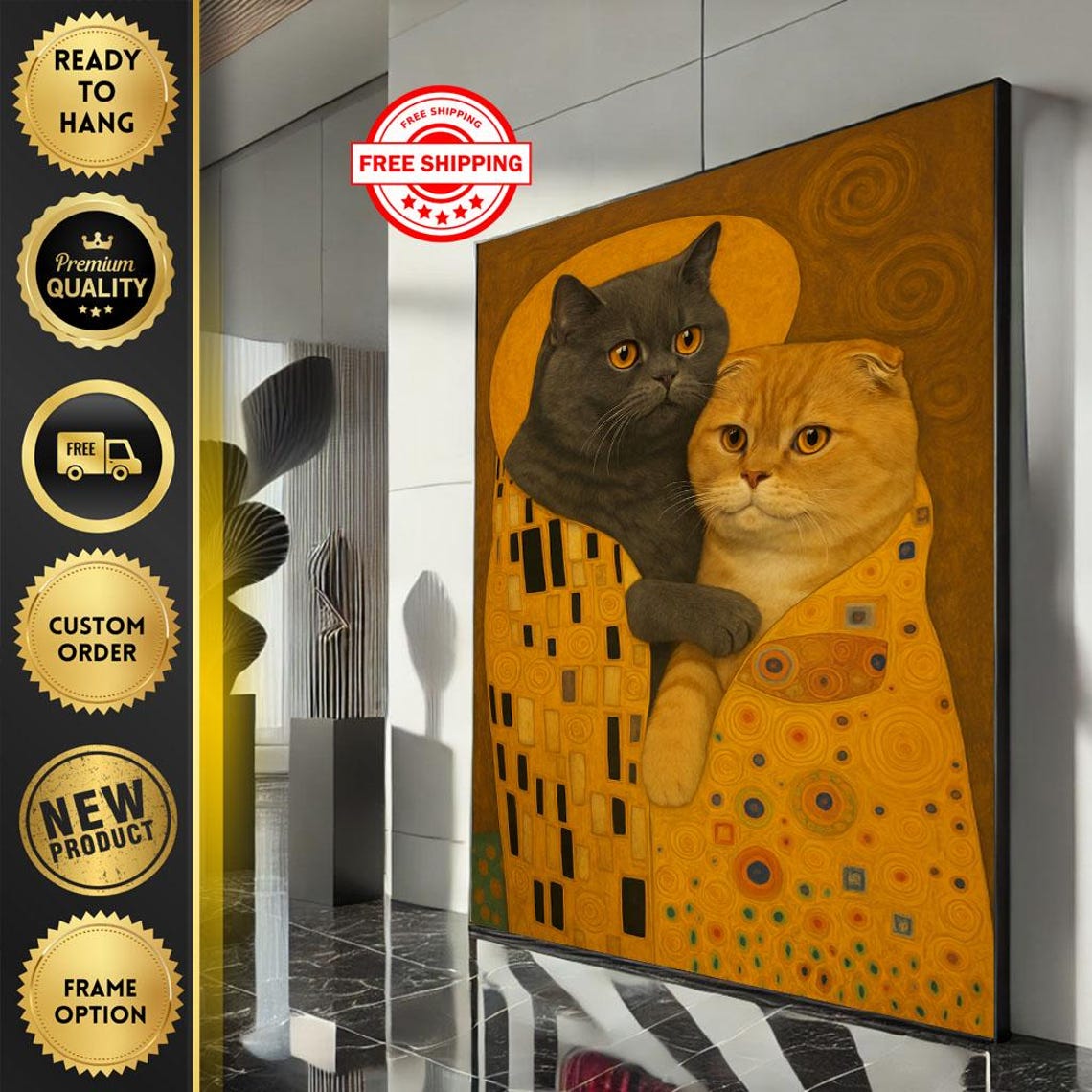 Golden Klimt Style Embracing Cats Romantic Feline Art Poster
