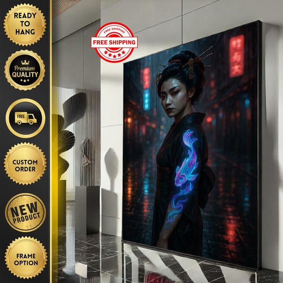 Modern Samurai Woman Canvas Wall Art Print Dark And Vibrant Living Room Decor Ready To Hang