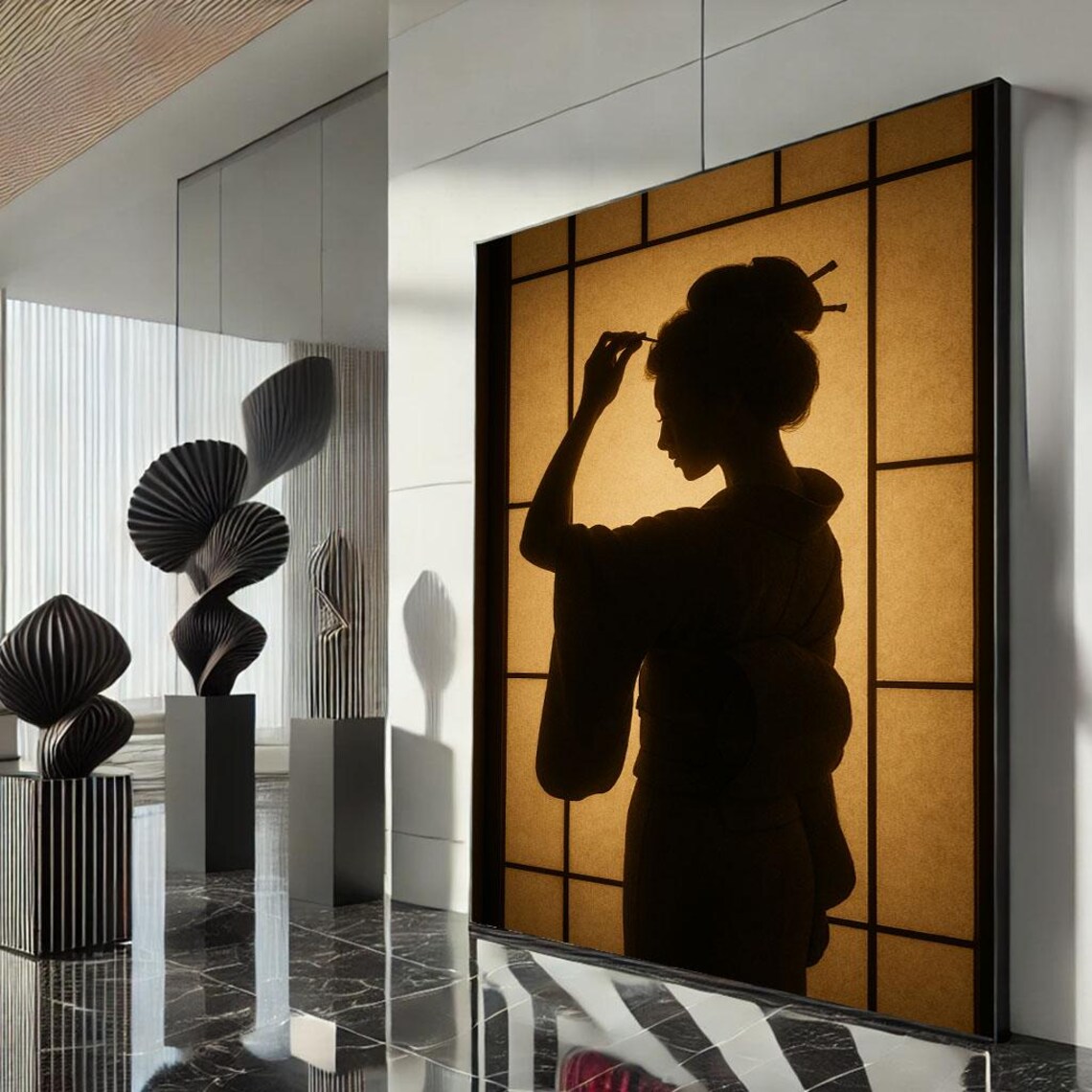 Geisha Silhouette Golden Shoji Screen Amber Minimalist Japanese Poster