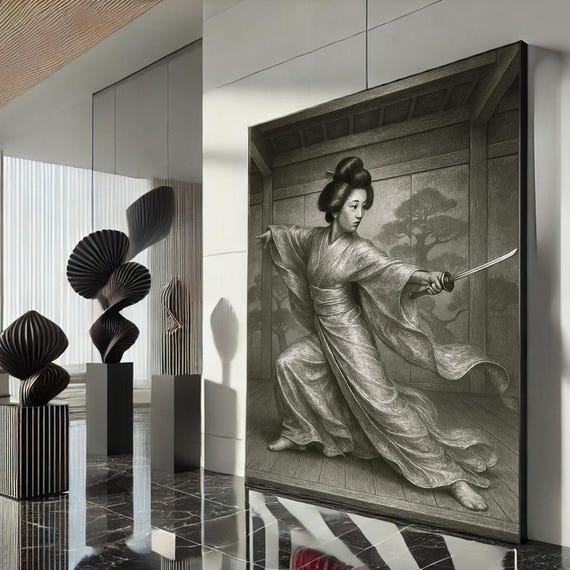 Elegant Samurai Woman Canvas Wall Art Print Monochrome Zen Living Room Decor Statement Piece
