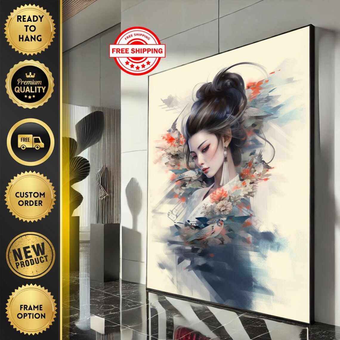 Elegant Geisha Watercolor Portrait With Flowers And Birds Poster