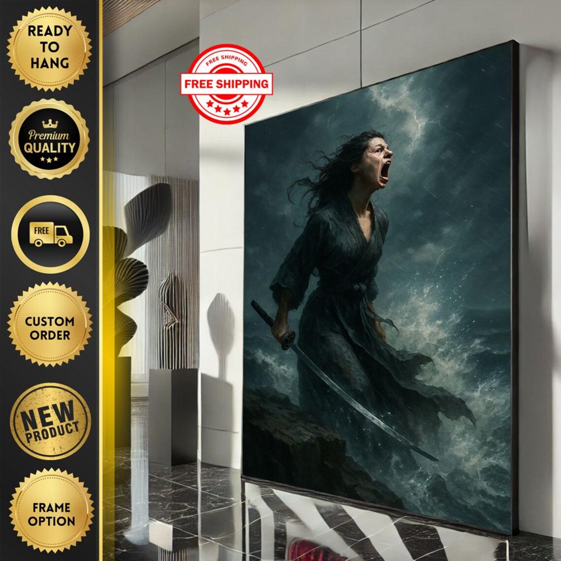 Fierce Warrior Woman With Sword in Stormy Sea Epic Art Poster