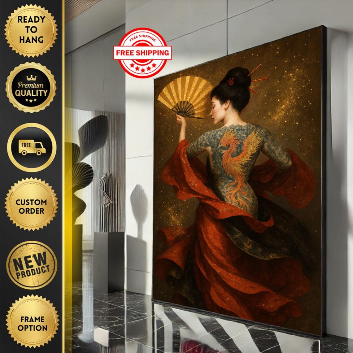 Phoenix Tattoo Woman Golden Fan Red Robe Japanese Art Poster