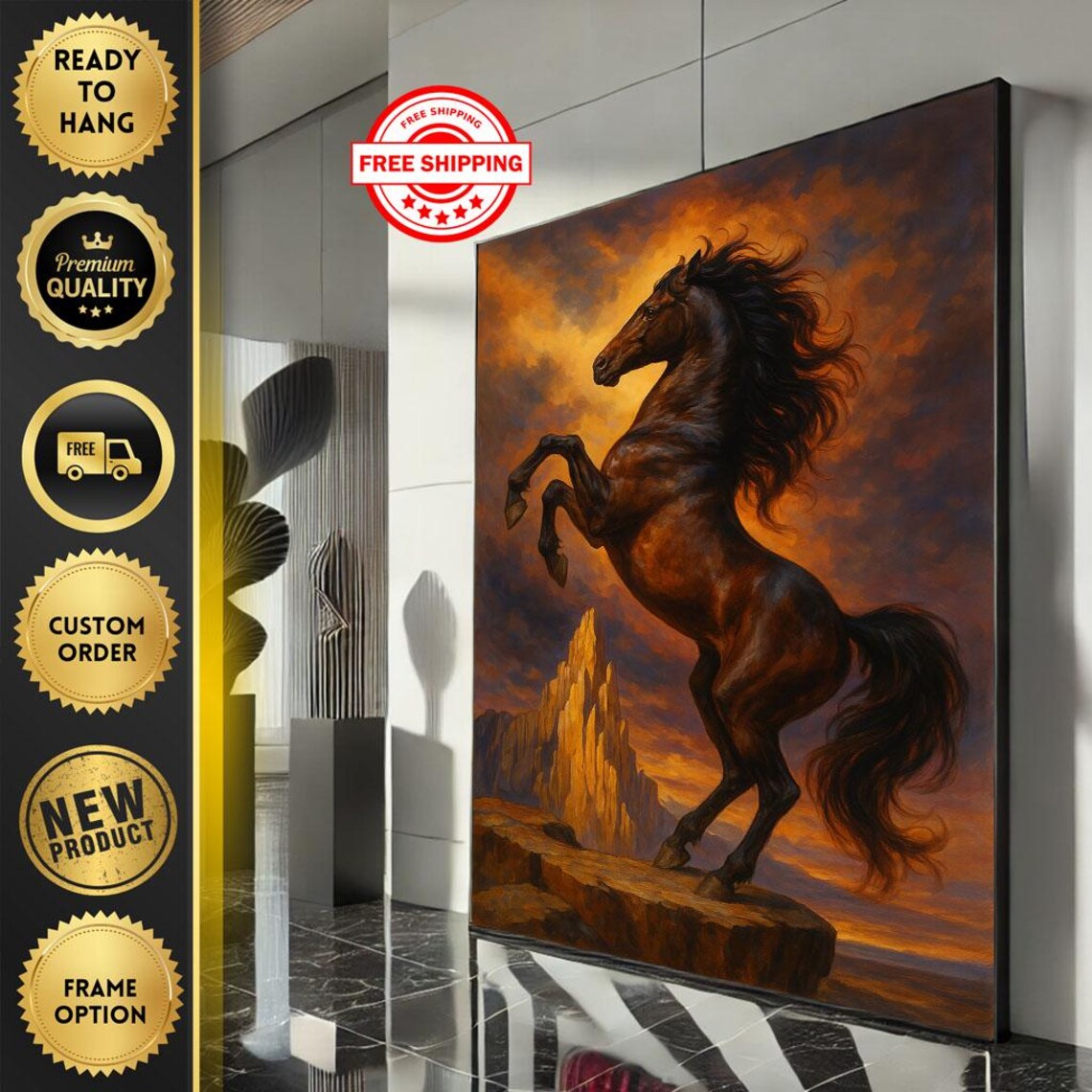 Wild Majestic Black Stallion Rearing Fiery Sunset Horse Poster