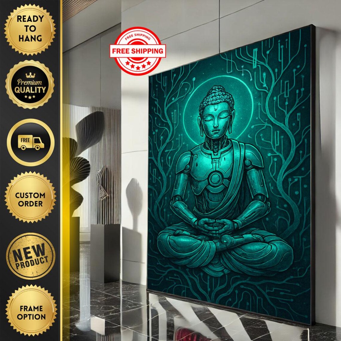 Cybernetic Robot Buddha Meditating Teal Futuristic Zen Poster