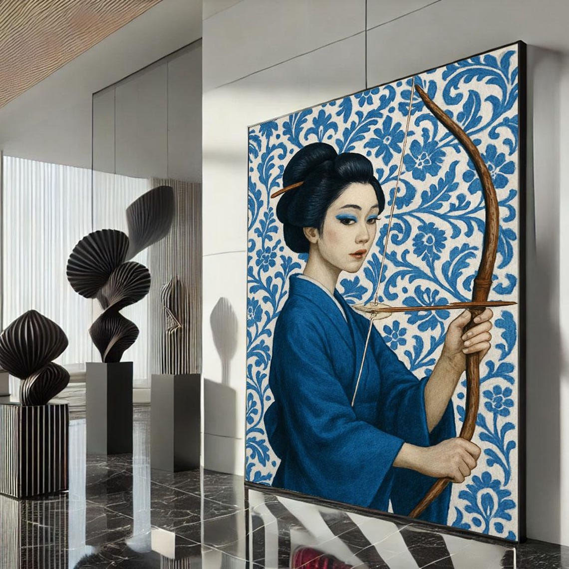 Patterned Geisha Archer Blue Kimono Bow Porcelain Floral Poster