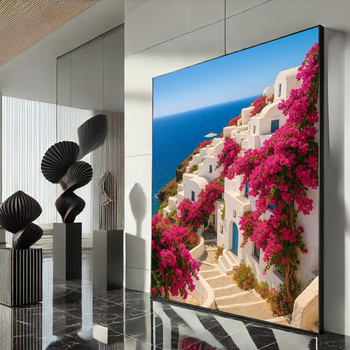 Greek Island Whitewashed Village Bougainvillea Seaside Scenic Poster