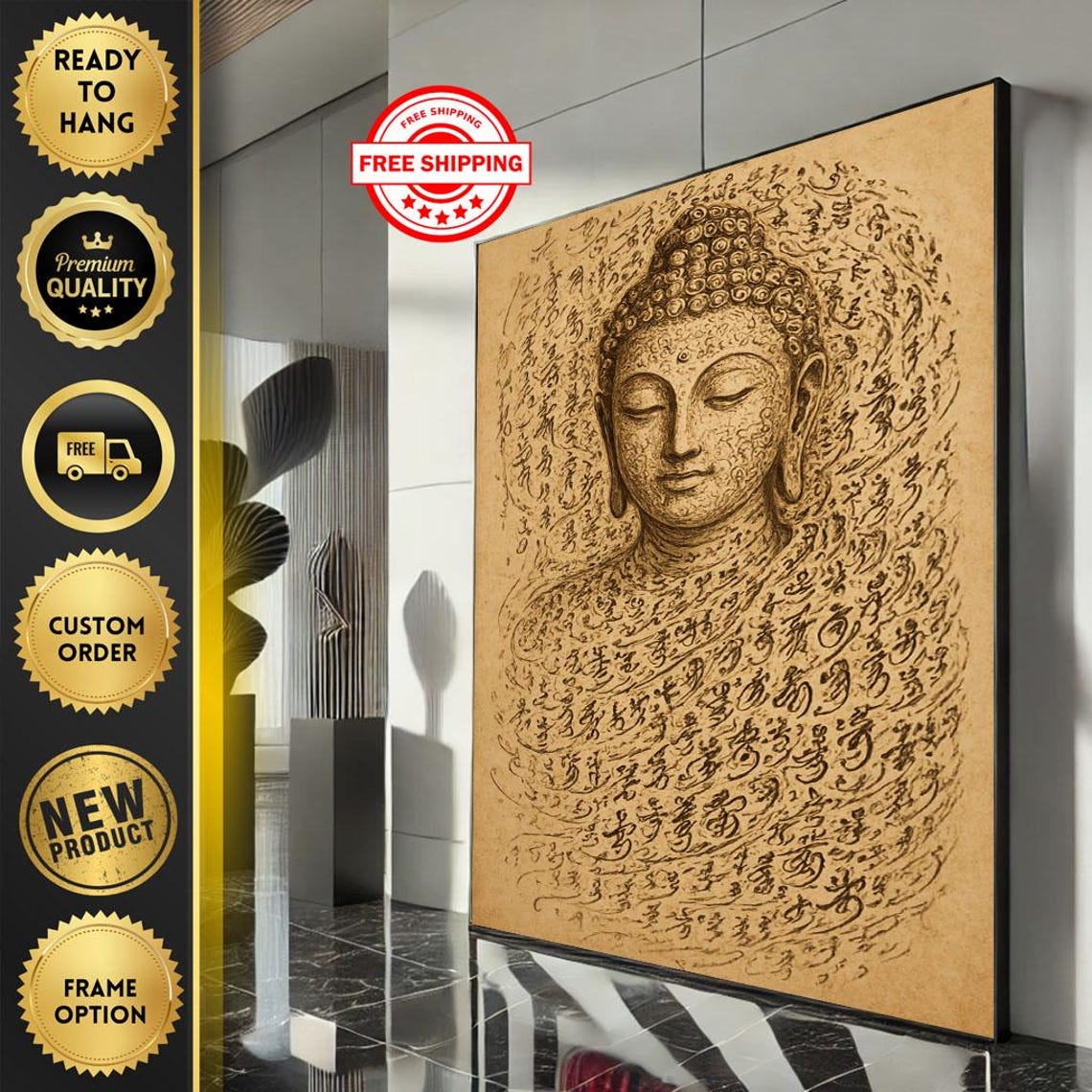 Buddha Calligraphy Portrait Ancient Script Parchment Zen Art Poster