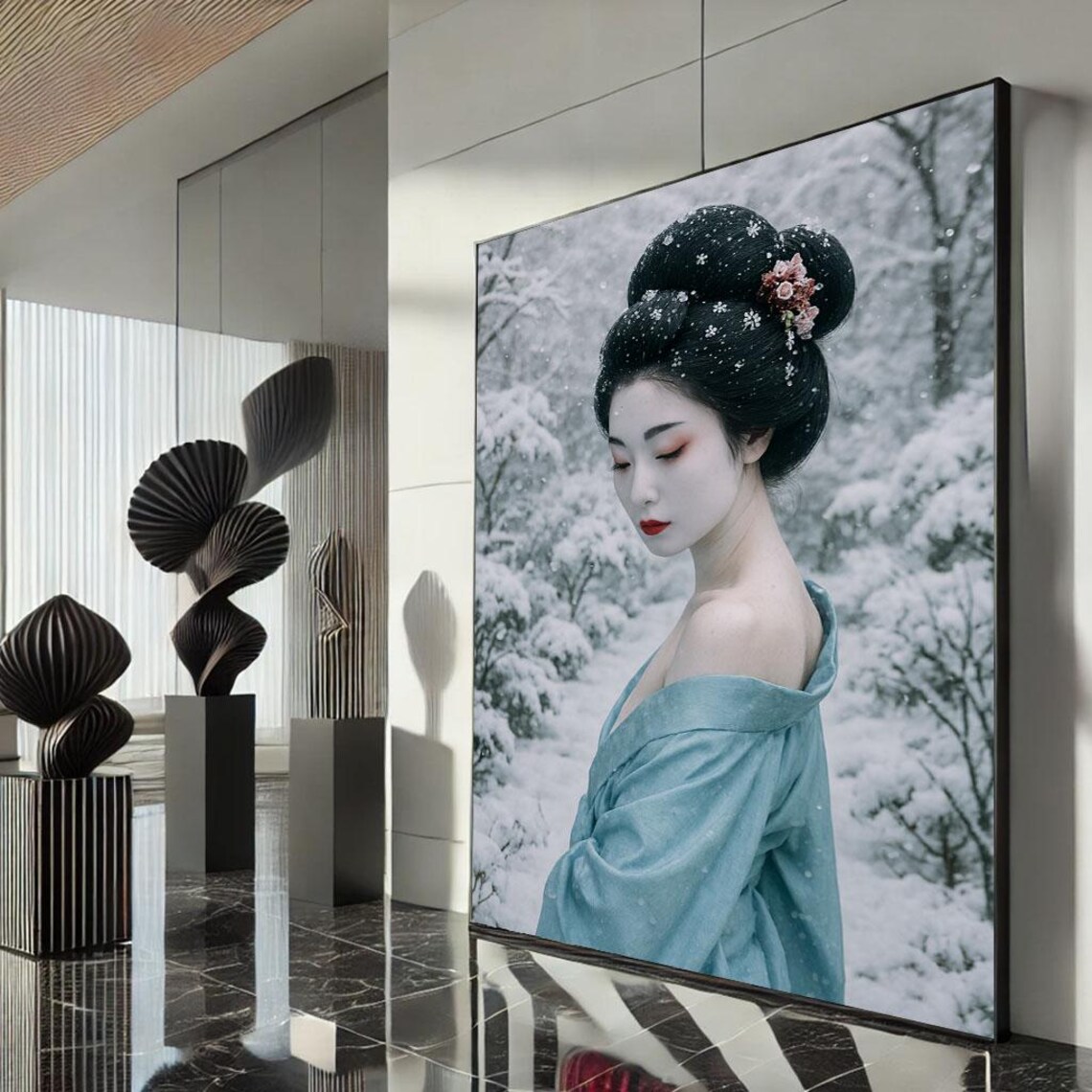 Winter Geisha Falling Snow Blue Kimono Ethereal Portrait Poster