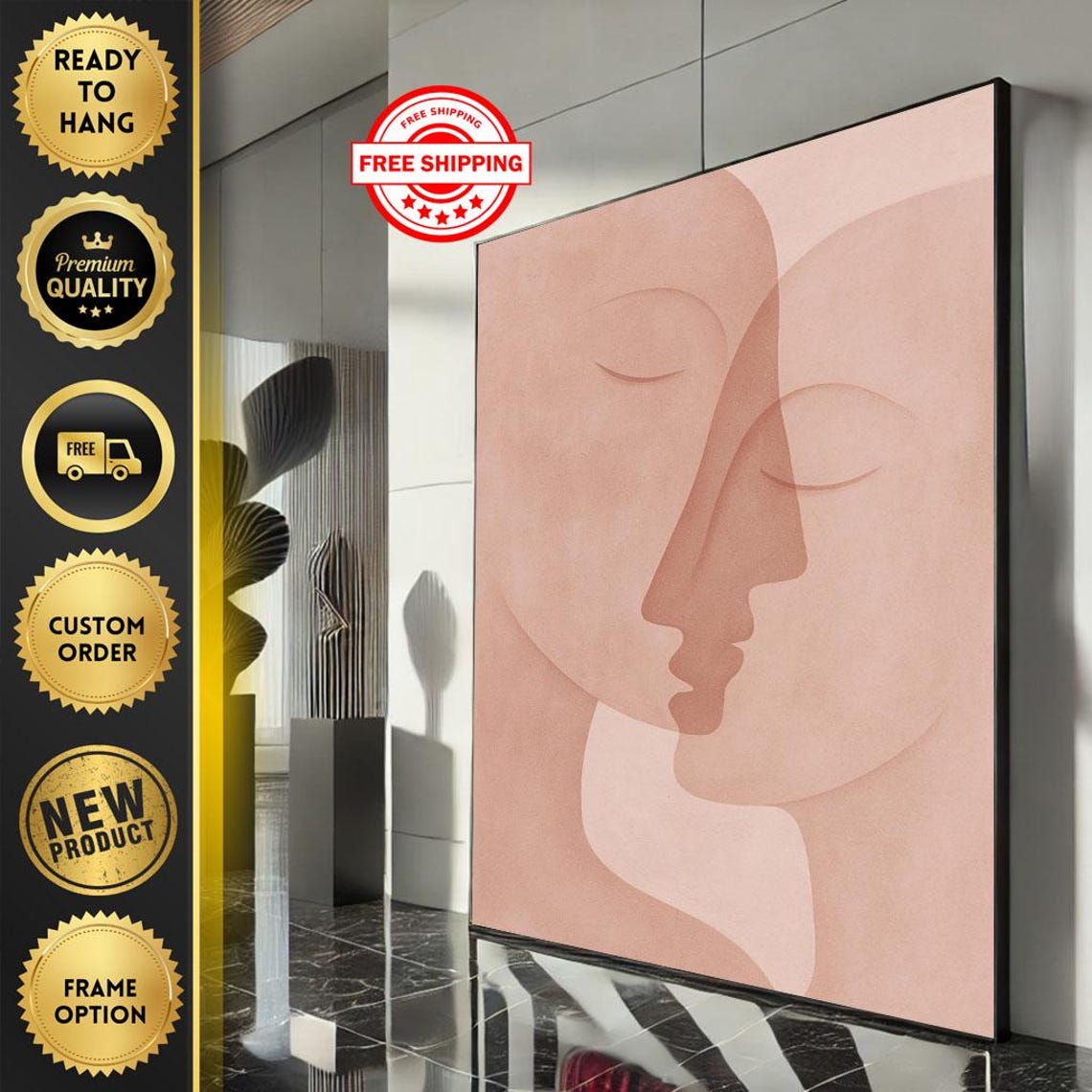 Abstract Blush Couple Sharing a Tender Kiss Minimalist Art Poster