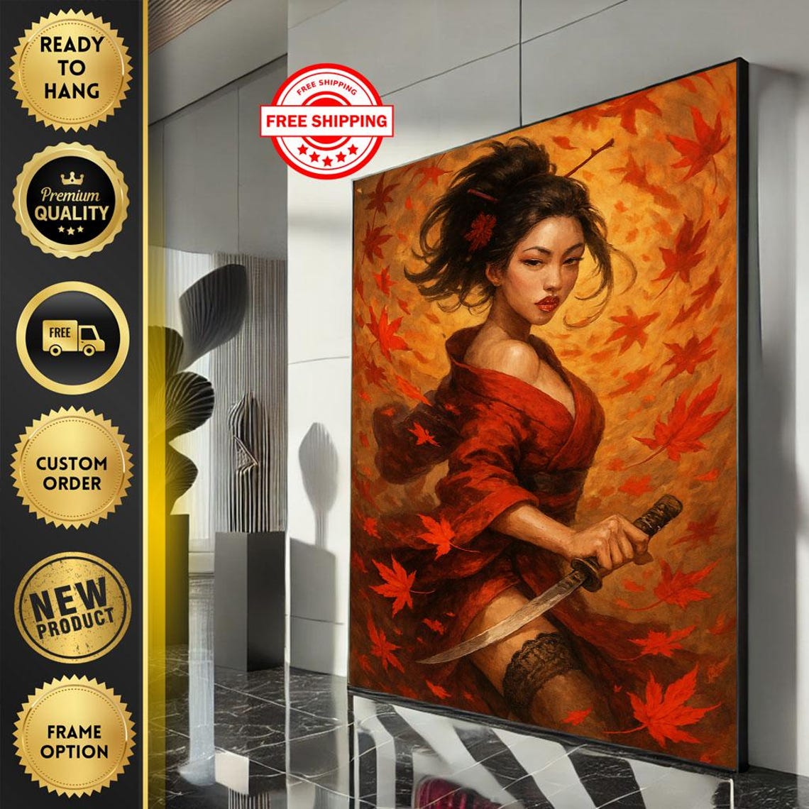 Fiery Samurai Woman Canvas Wall Art Print Bold Japaneseinspired Living Room Decor Ready To Hang