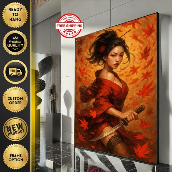 Fiery Samurai Woman Canvas Wall Art Print Bold Japaneseinspired Living Room Decor Ready To Hang