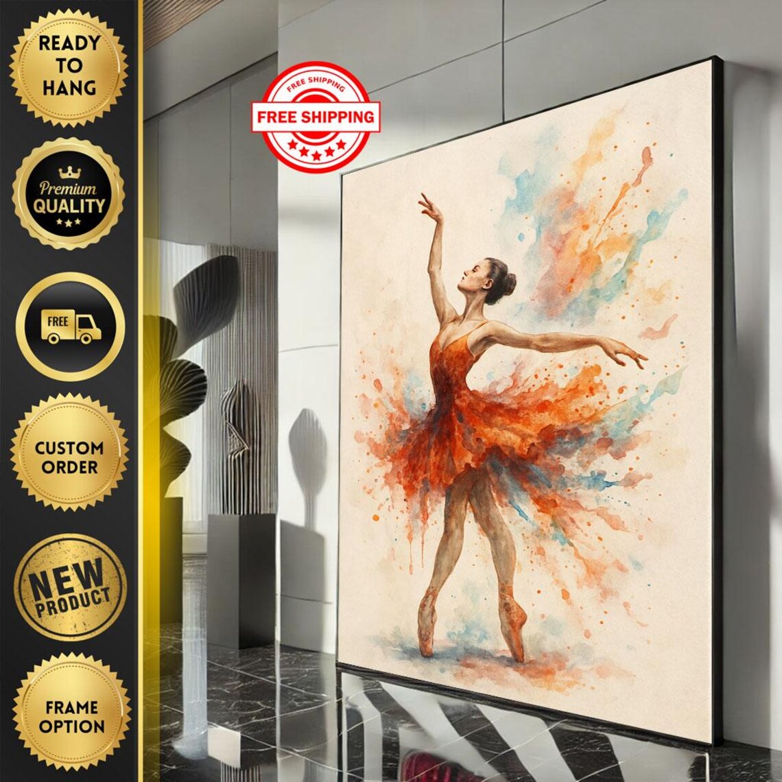 Watercolor Ballerina In Fiery Red Dress Leaping Dance Art Poster