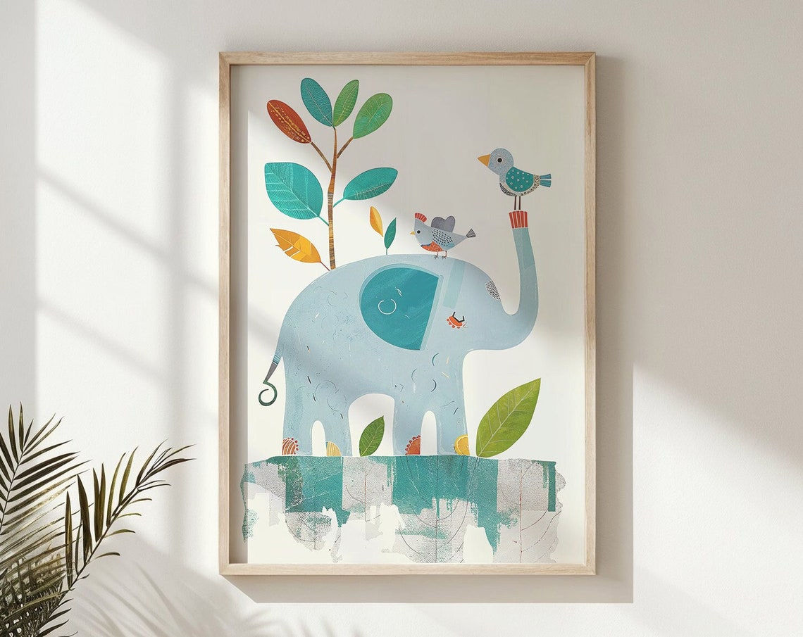 Light Blue Elephant With Birds Colorful Leaves Nursery Poster