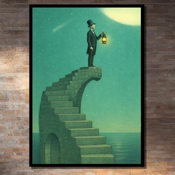 Man Holding Lantern On Surreal Stairway To Moon Framed Or Unframed Art Print For Dreamy Living Room Wall Decor