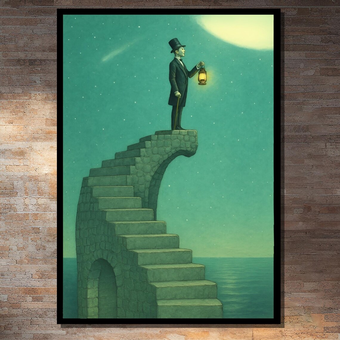 Gentleman with Lantern on Surreal Stairway to the Moon Poster