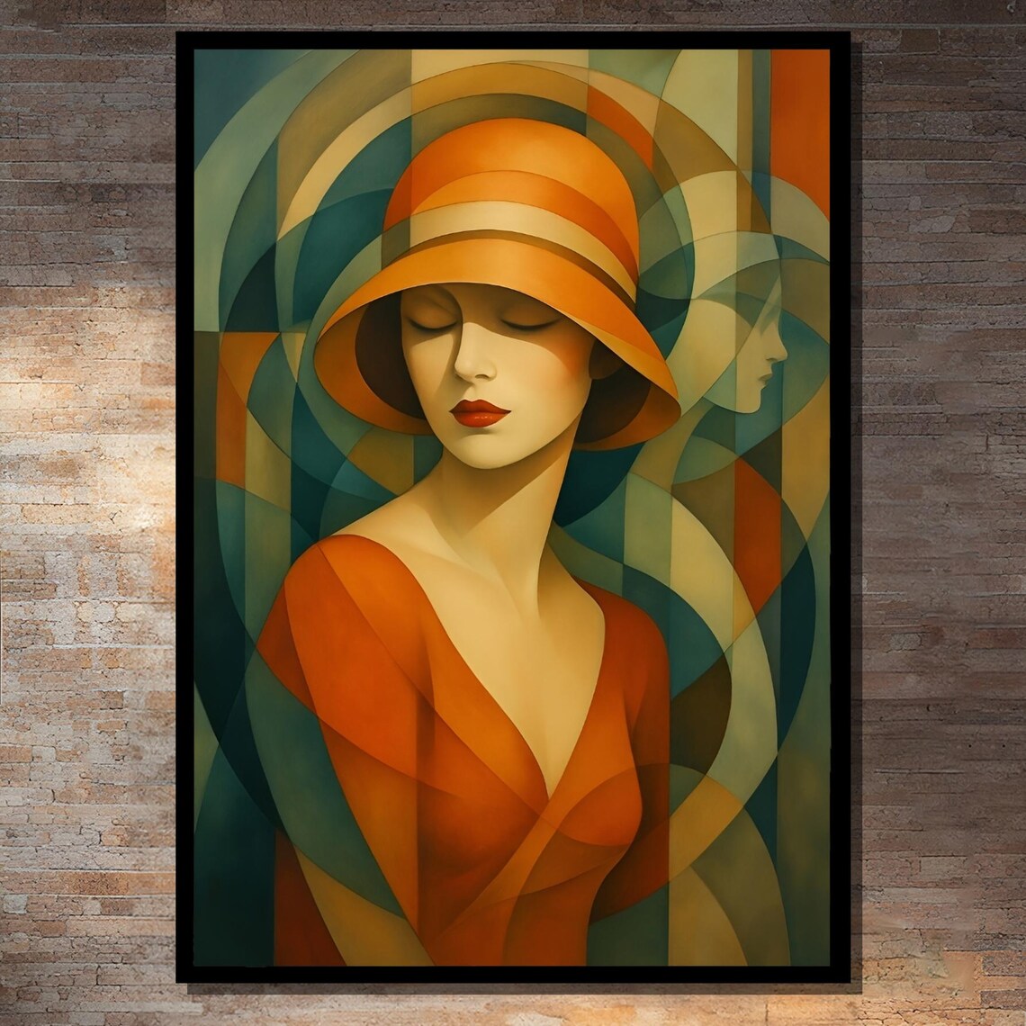 Art Deco Woman in Orange Hat Geometric Portrait Painting Poster