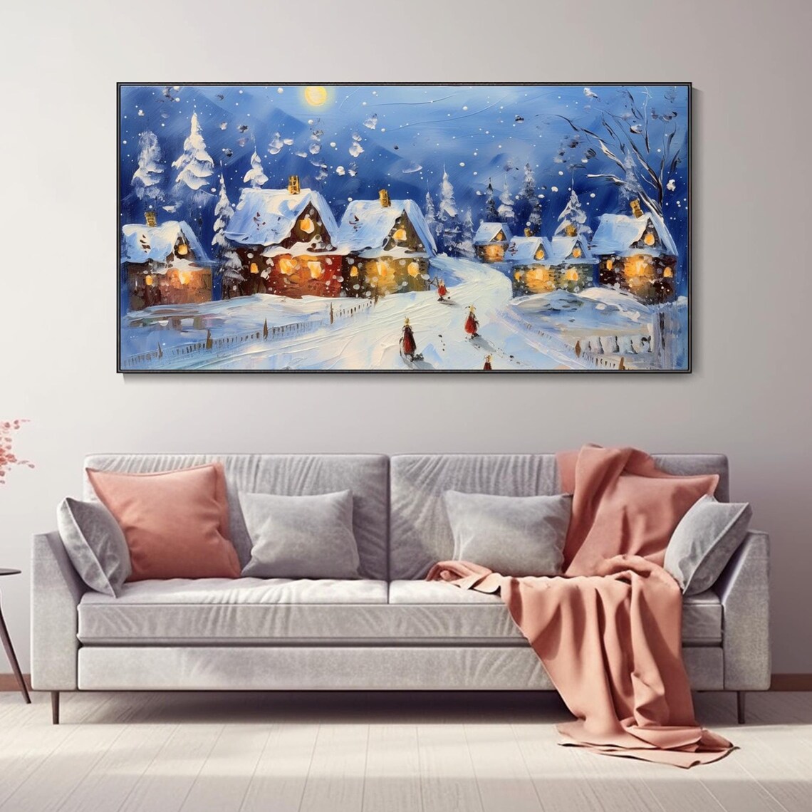 Winter Snow Village Night Moonlit Cottages Oil Painting Snowy Poster