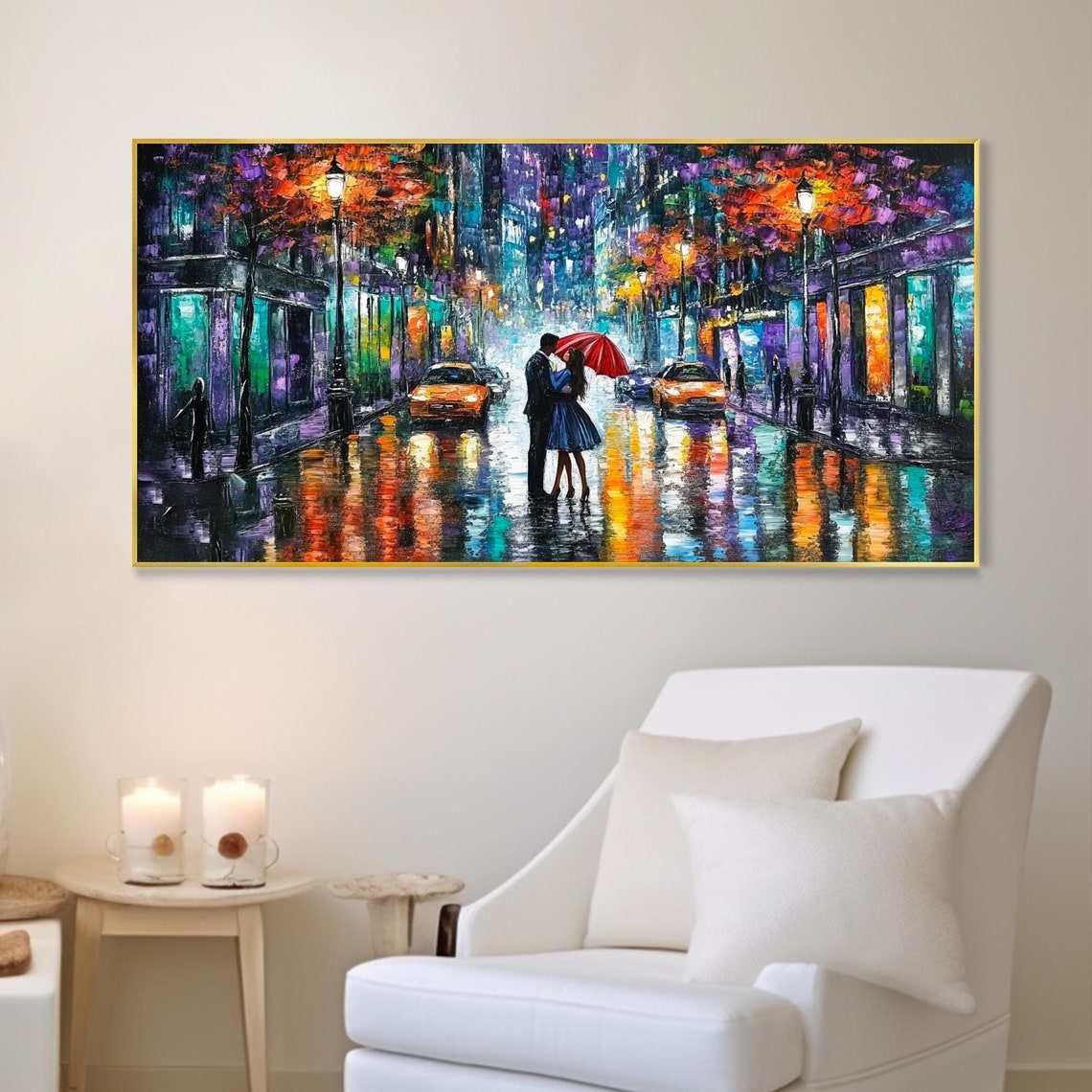 Rainy Night Rainbow City Street Wall Art Romantic Couple Modern Home Deco Umbrella Knife Painting Bedroom Artwork Fantasy Landscape Painting