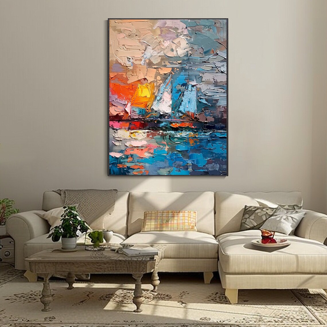 Abstract Harbor Sunrise Oil Painting Colorful Sailboats Water Poster