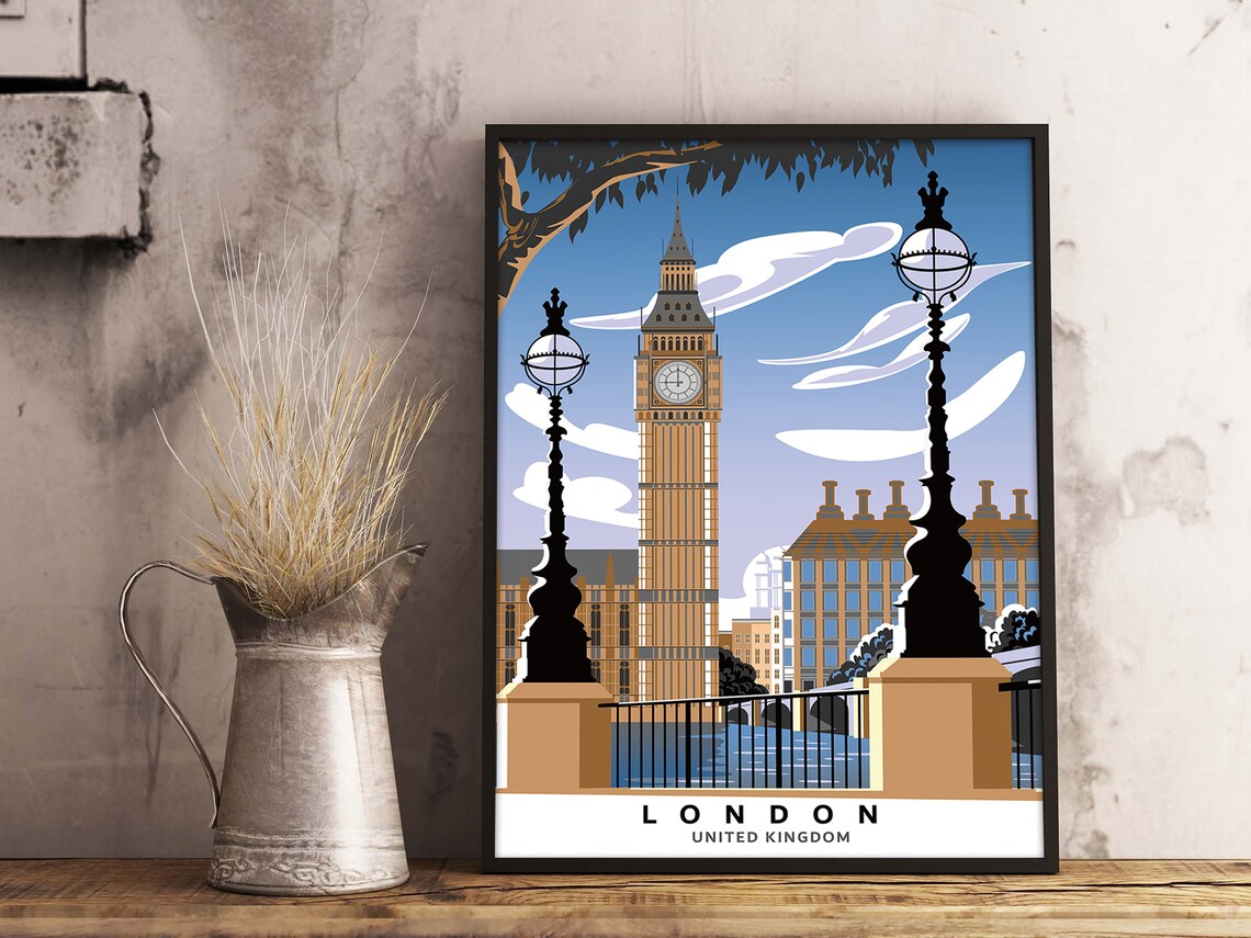 London United Kingdom Big Ben Bridge Lamps Vintage Style Travel Poster - Image 3