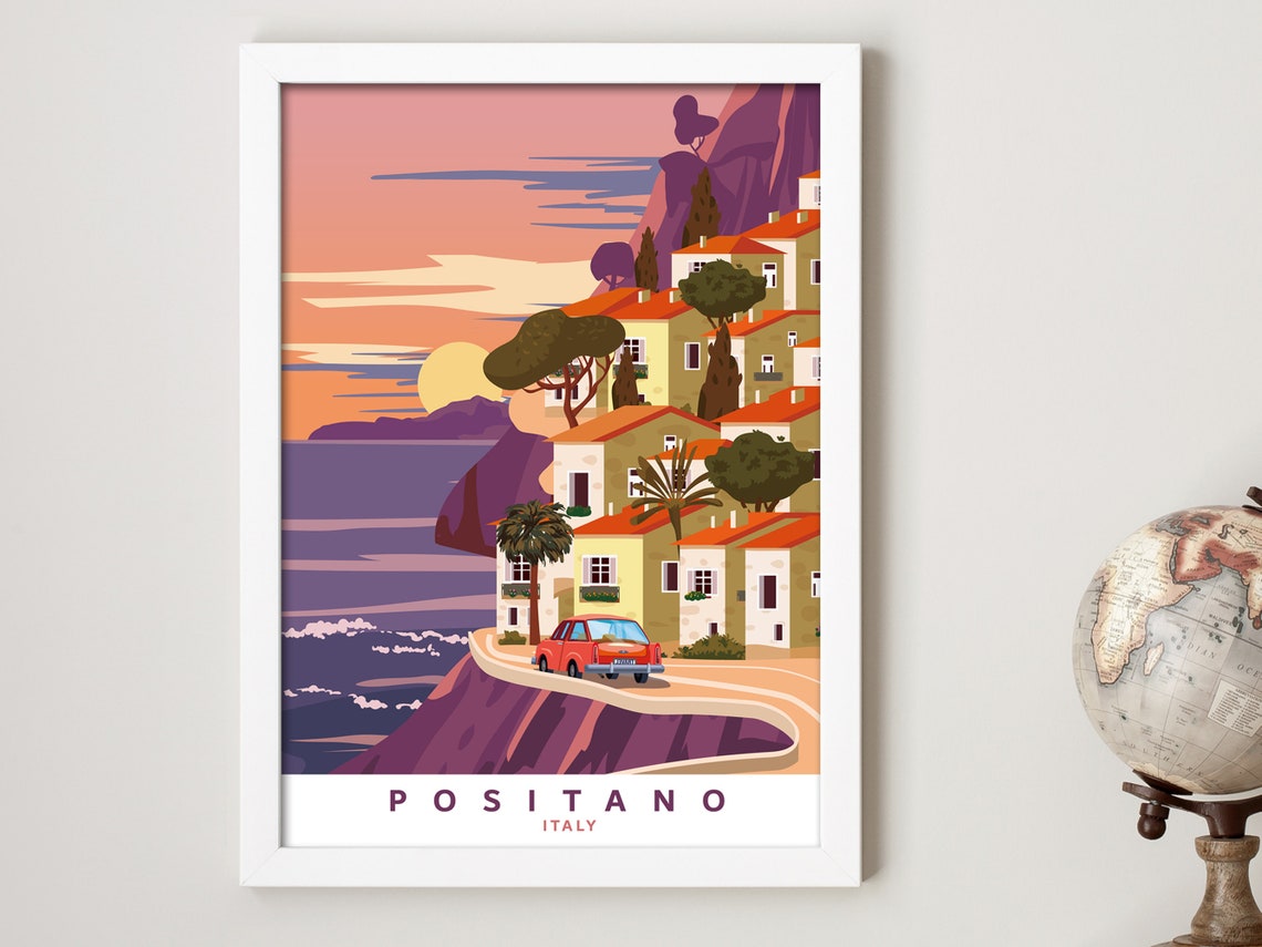 Positano Italy Sunset Coast Road Vintage Style Travel Poster