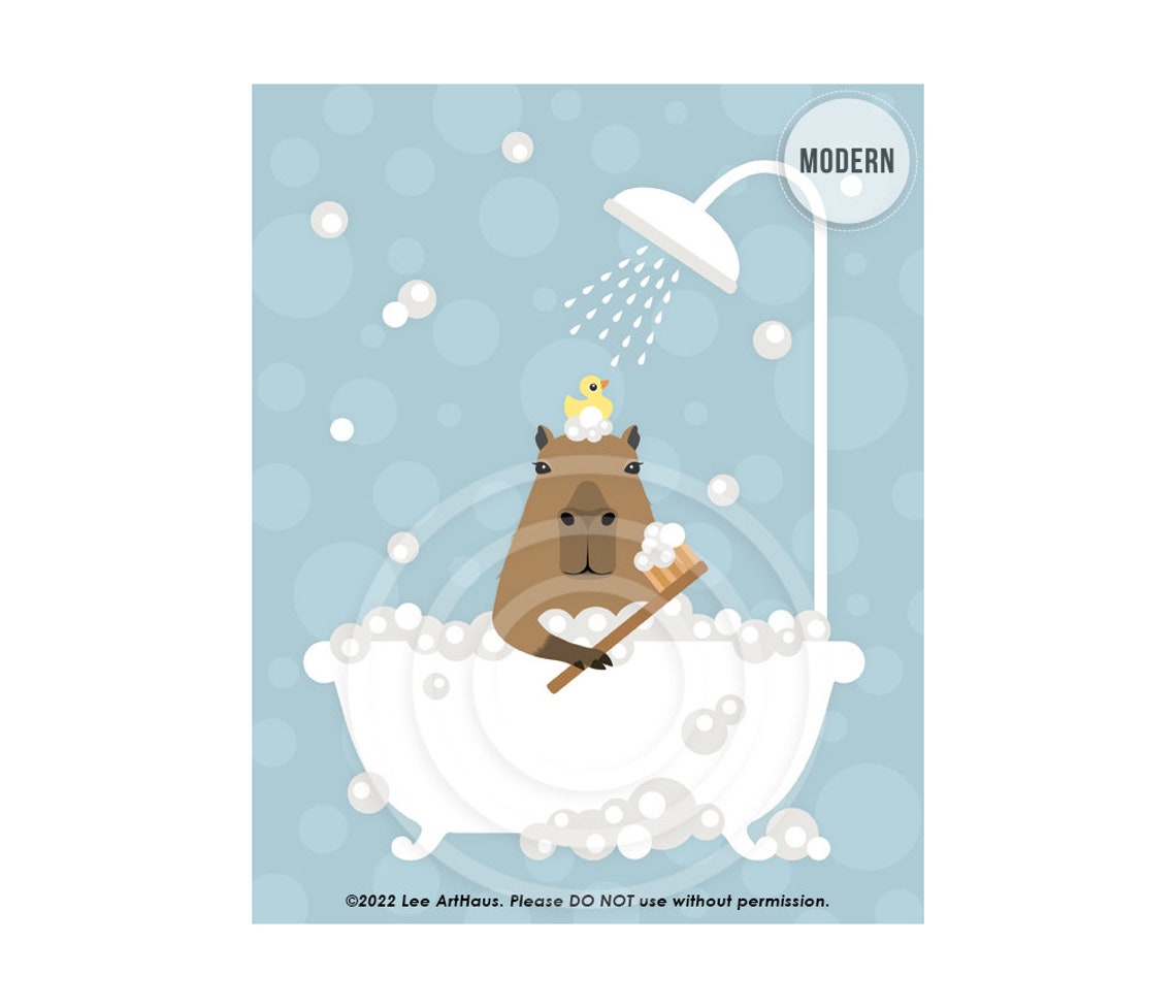 Capybara in Bubble Bath With Rubber Duck Cute Animal Art Poster - Image 2