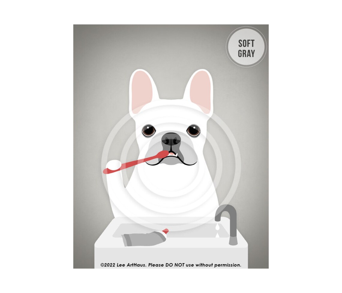 White French Bulldog Brushing Teeth At Sink Funny Dog Art Poster - Image 3