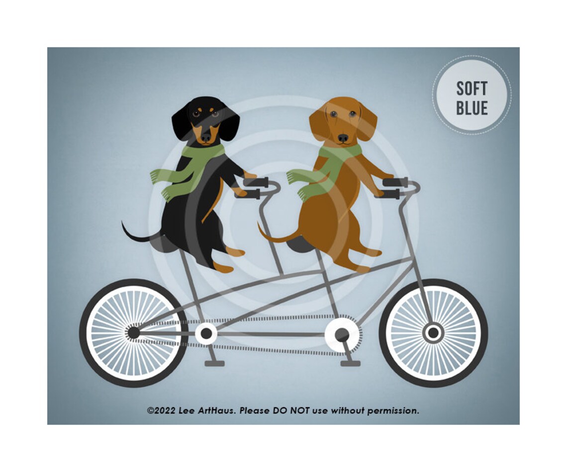 Two Dachshunds Riding Tandem Bicycle Green Scarves Vintage Dog Poster - Image 2