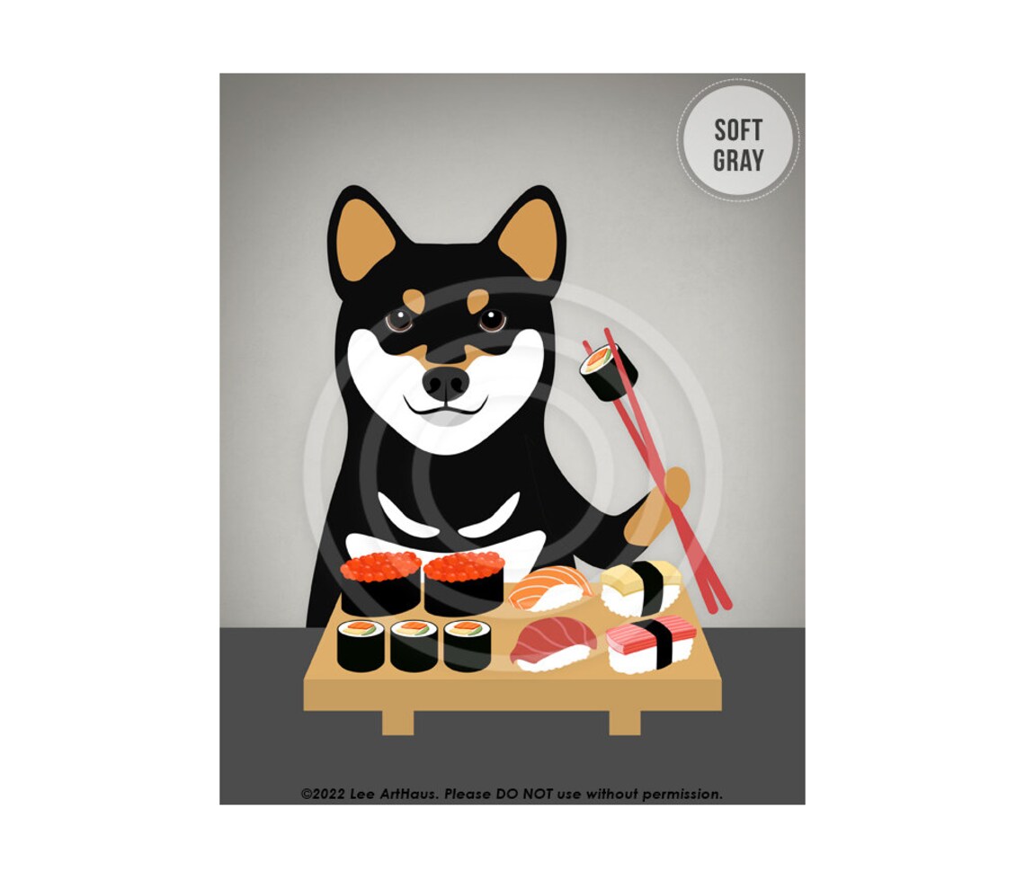 Black And Tan Shiba Inu Eating Sushi Platter Funny Dog Wall Art Poster - Image 3