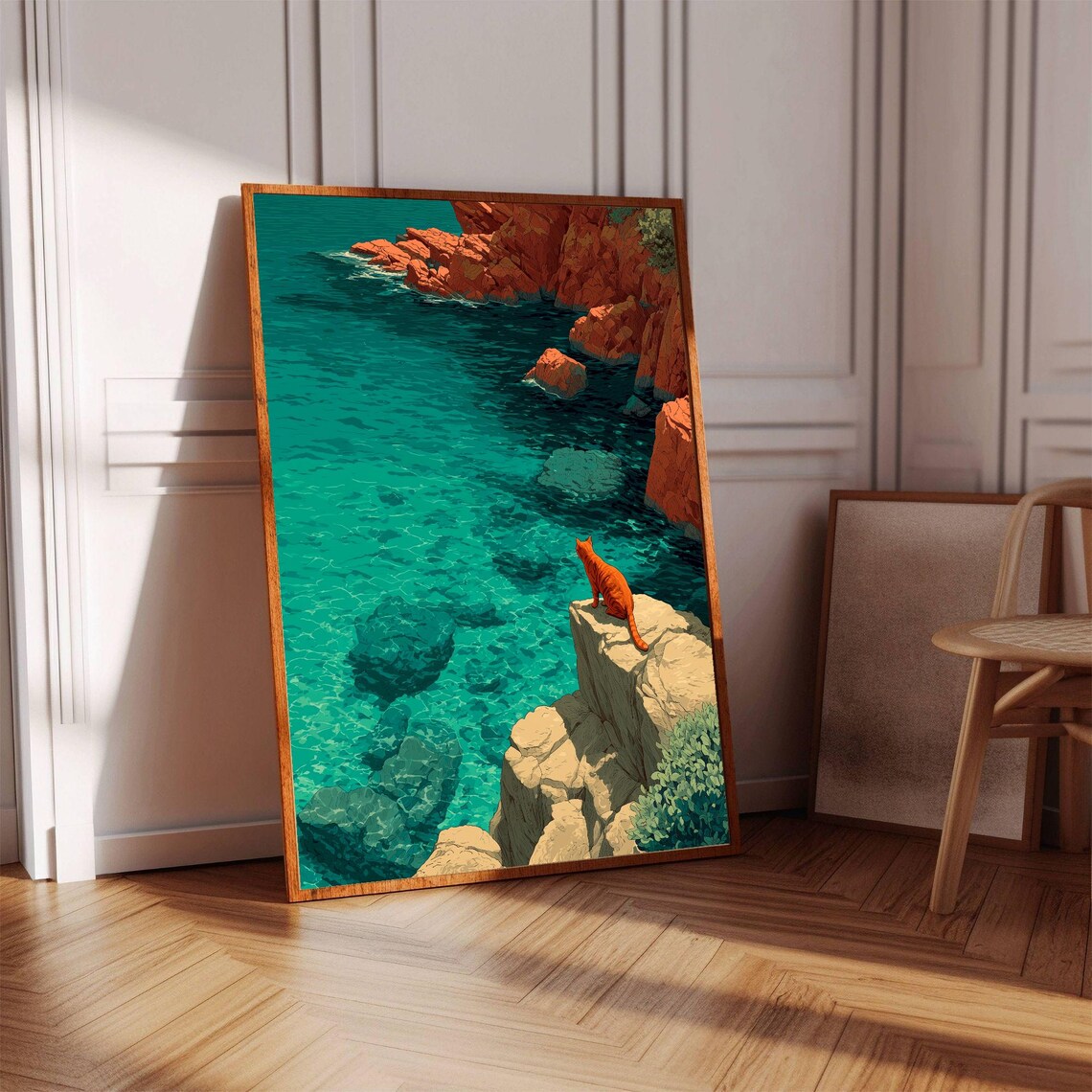 Orange Cat Sitting on Cliff Above Turquoise Sea Coastal Cat Poster - Image 3