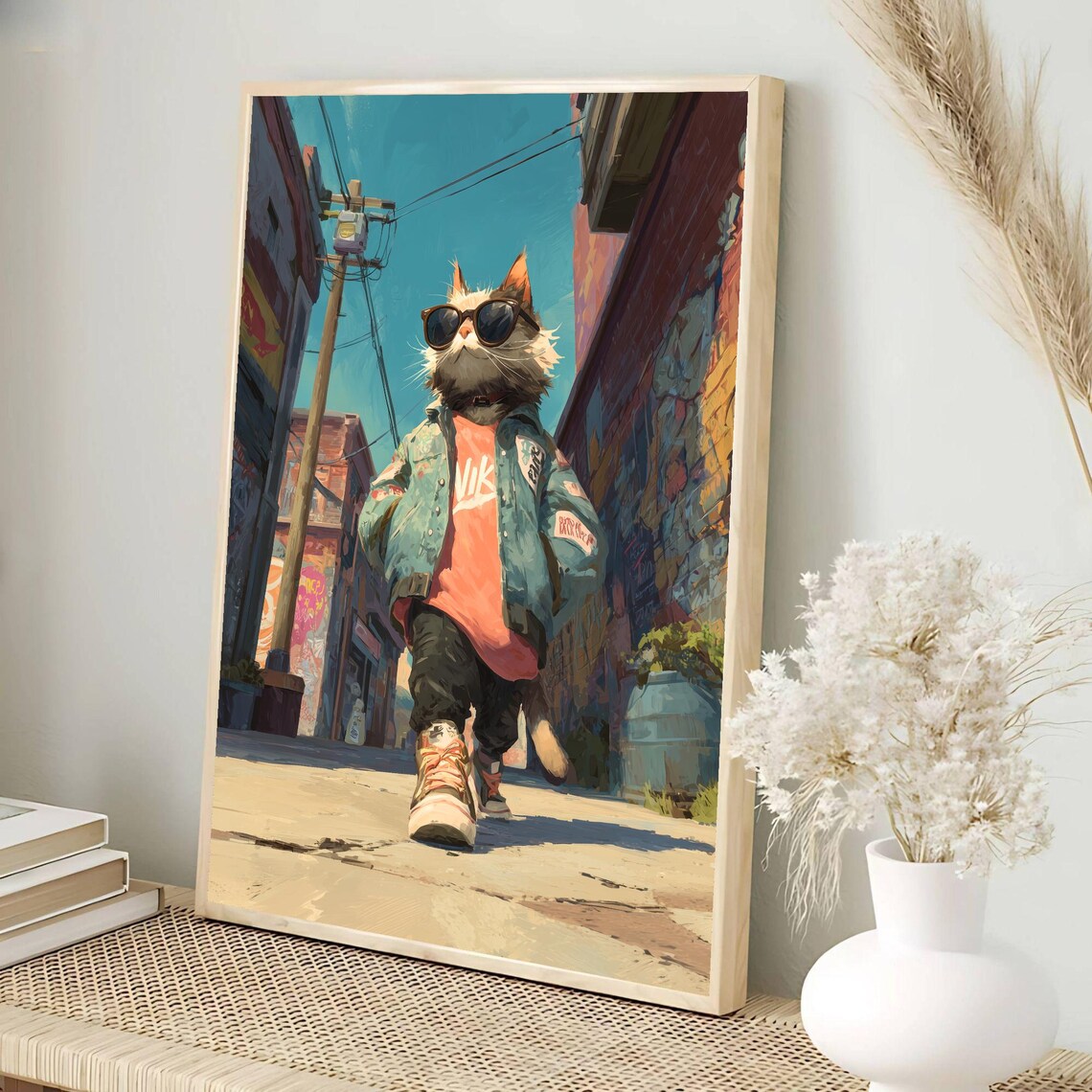 Cool Street Cat in Sunglasses Denim Jacket Urban Alley Poster - Image 3