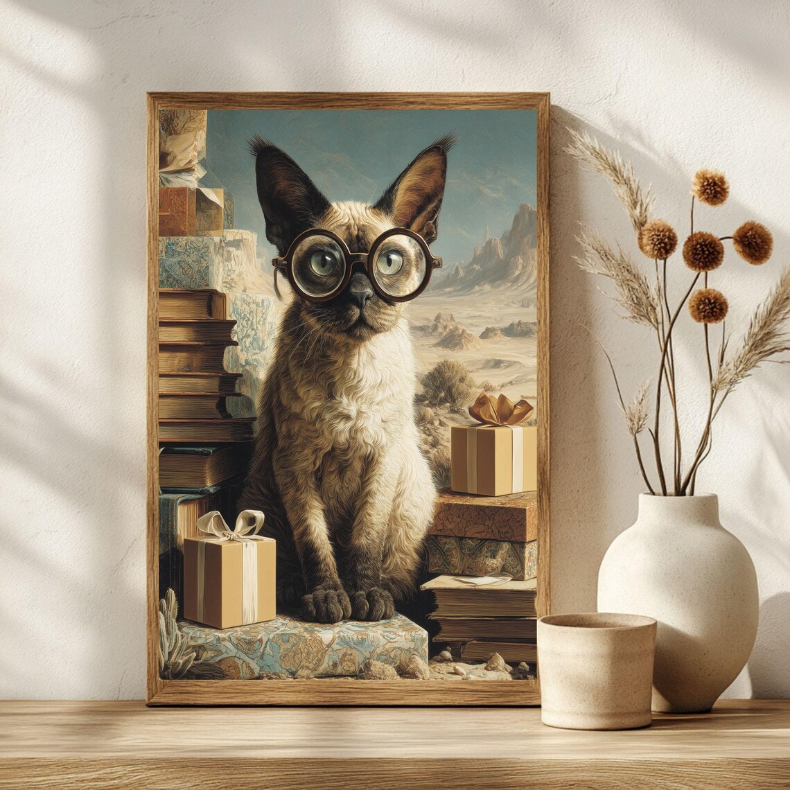 Surreal Dali Style Siamese Cat Glasses Desert Dream Books Poster