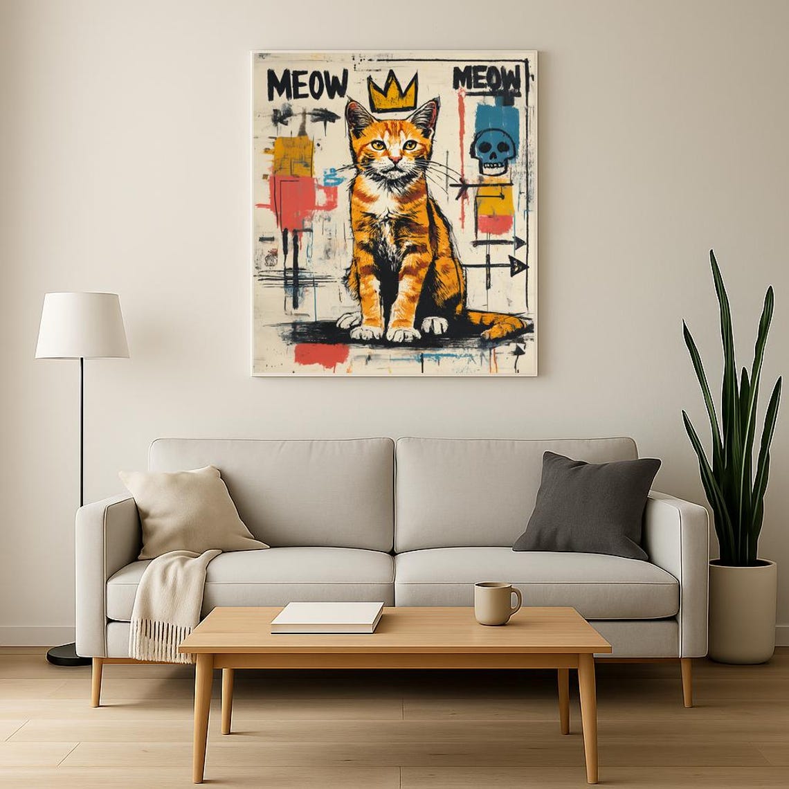 Meow Basquiat Style Orange Tabby Gold Crown Skull Graffiti Poster - Image 2