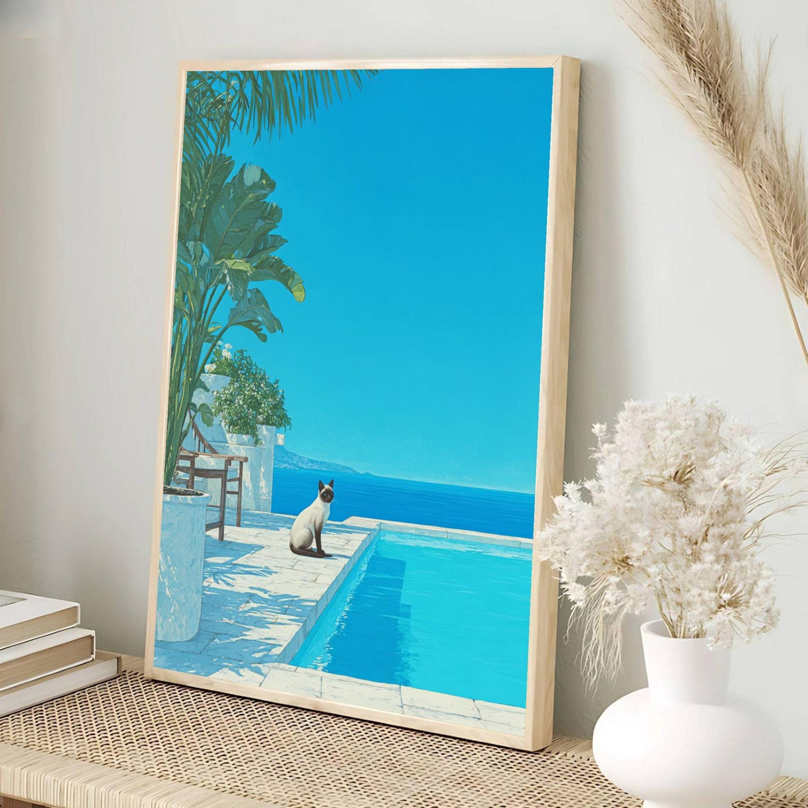 Mediterranean Luxury Villa Siamese Cat Infinity Pool Sea Poster - Image 3