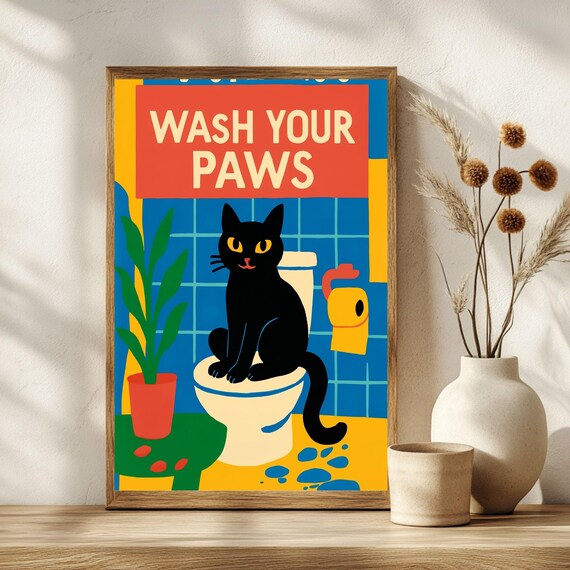 Wash Your Paws Funny Black Cat Bathroom Toilet Quote Art Poster