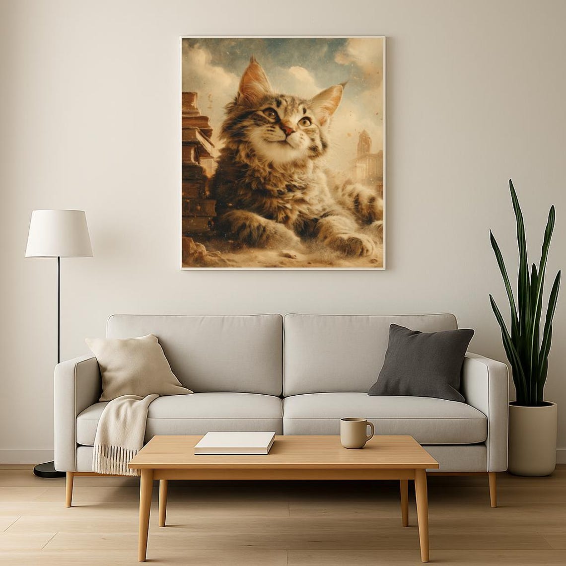 Maine Coon Cat With Stack of Books Dreamy Surreal Art Poster - Image 2