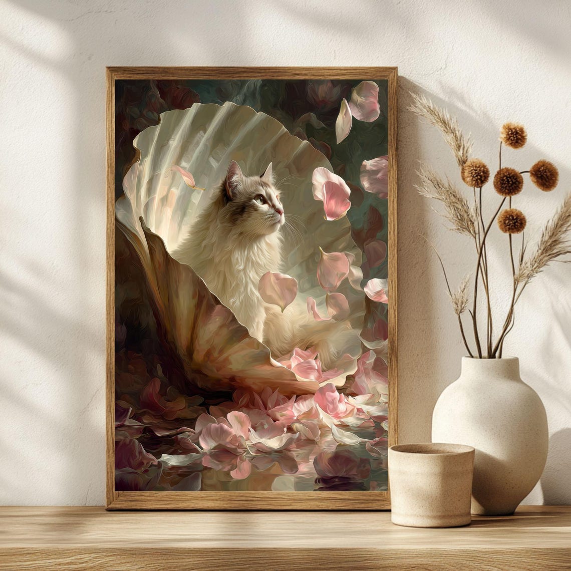 White Cat in Seashell Botticelli Birth of Venus Parody Poster