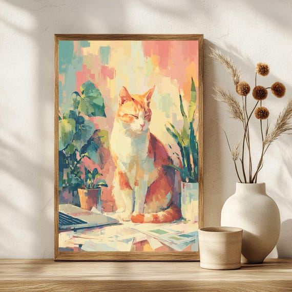 Zen Cat Art Print Tranquil Feline Poster Office Wall Lover Gift Peaceful Home Decor Wfh