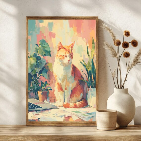 Zen Cat Pastel Impressionist Orange Cat Serene Office Wall Poster