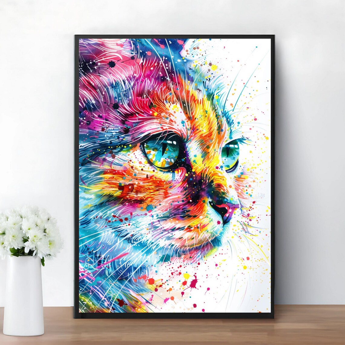 Colorful Watercolor Cat Portrait Splatter Paint Modern Art Poster - Image 2