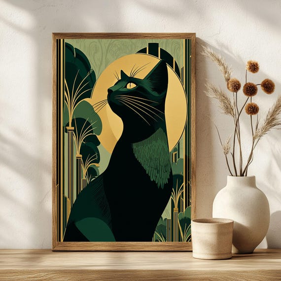 Art Deco Cat Print, Vintage Wall Poster