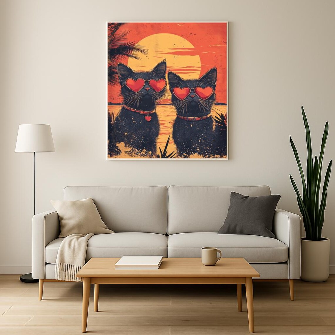 Black Cat Couple in Heart Sunglasses Sunset Beach Love Poster - Image 3