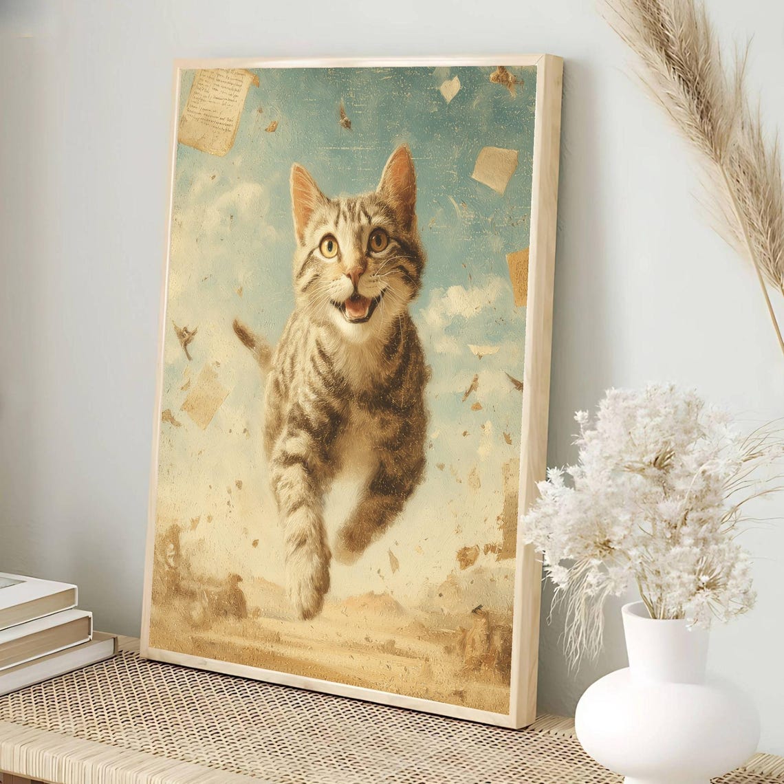 Joyful Tabby Kitten Leaping Through Dreamy Sky Surreal Art Poster - Image 2