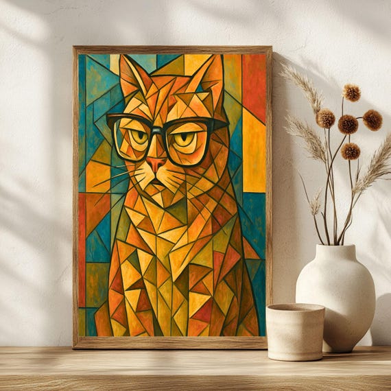 Cubist Cat Art Print In Glasses Modern Feline Decor Lover Gift Abstract Wall Picasso Style