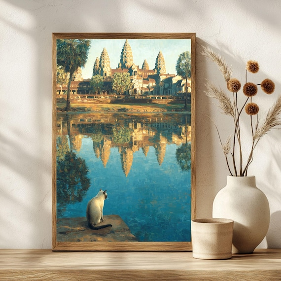 Angkor Wat Siamese Cat Temple Reflection Surreal Morning Poster
