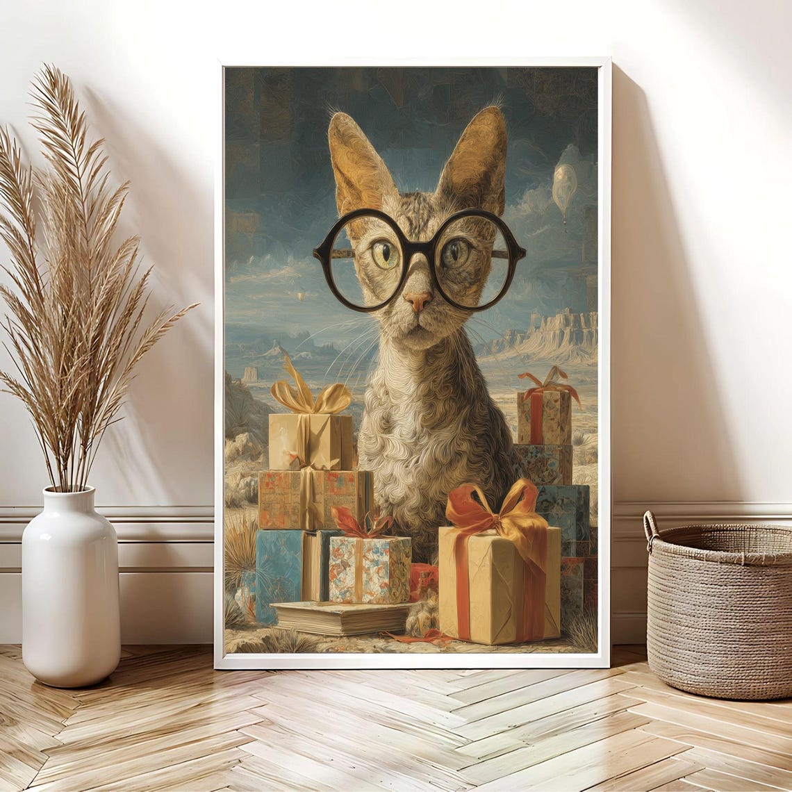 Cat in Glasses With Christmas Gifts Surreal Holiday Art Poster - Image 2